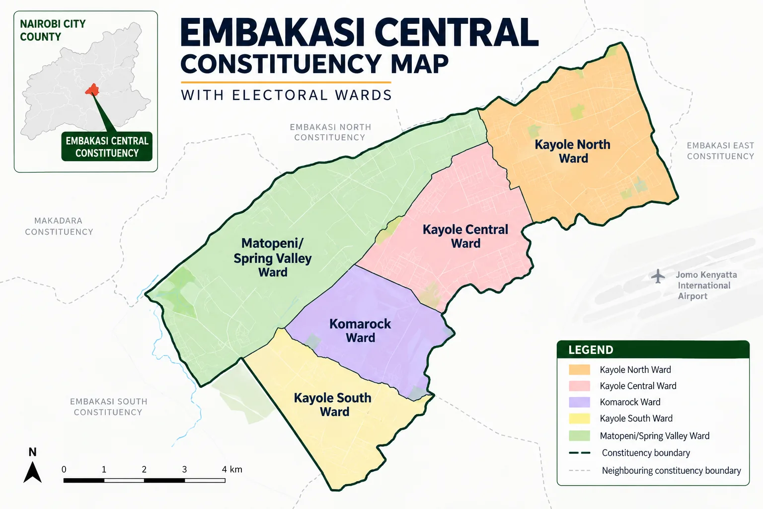 Map of Embakasi Central Constituency showing Kayole North, Kayole Central, Kayole South, Komarock and Matopeni/Spring Valley wards.