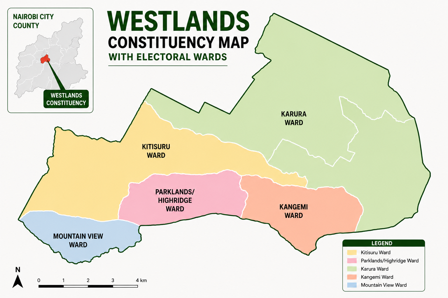 Map of Westlands Constituency in Nairobi County showing Kitisuru, Parklands/Highridge, Karura, Kangemi and Mountain View wards.