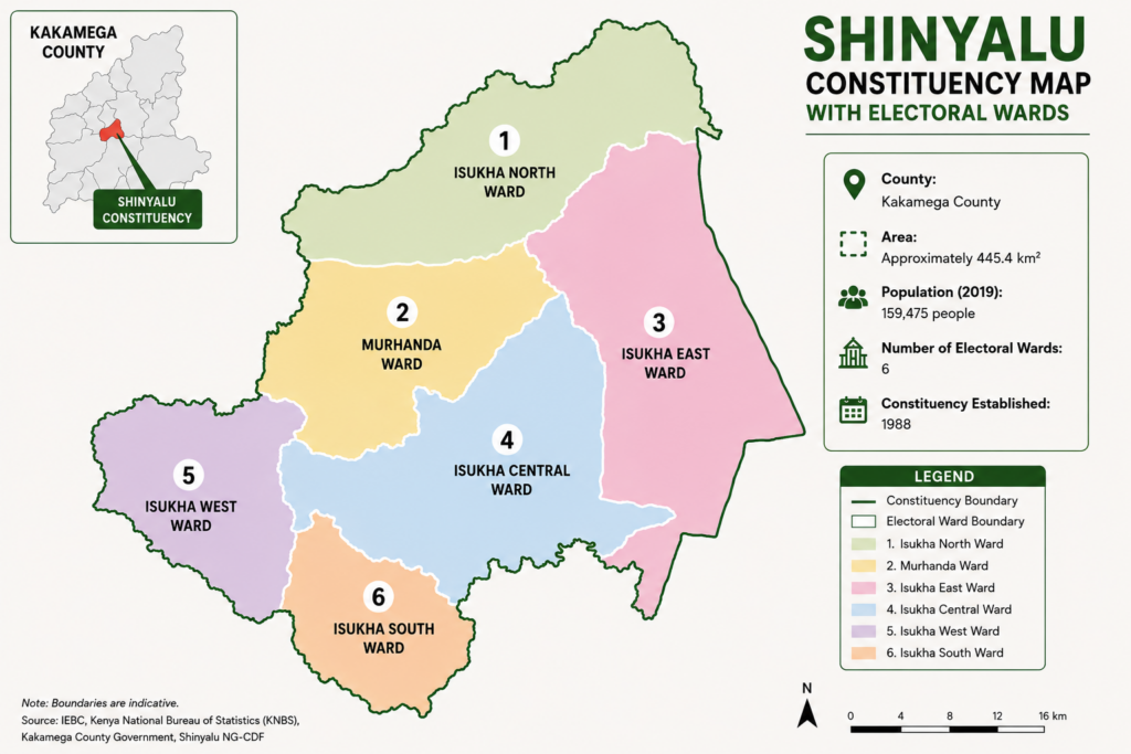 Map of Shinyalu Constituency showing its six electoral wards in Kakamega County