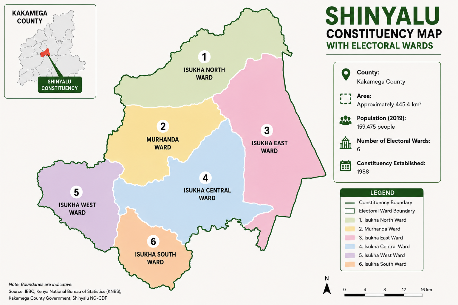 Map of Shinyalu Constituency showing its six electoral wards in Kakamega County