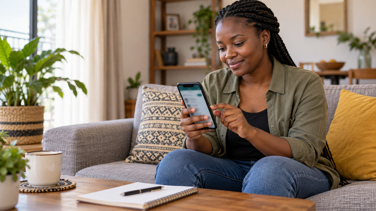 A Kenyan woman checking voter registration information on her phone at home.